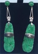 A pair of good jade and diamond long drop earrings