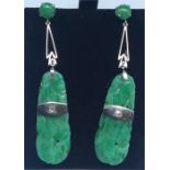 A pair of good jade and diamond long drop earrings