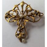 A French diamond and pearl brooch in high carat go