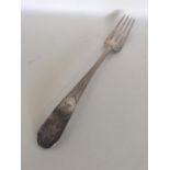 A large Irish Georgian silver bright cut fork. Dub