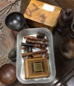 A box containing Treen seals and bowls etc.