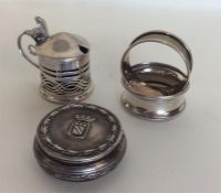 Various silver napkin rings, hinged top box, musta