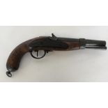 A large percussion capped pistol with mahogany bod