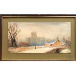 A framed winter scene depicting Conisbrough Castle