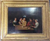 A large gilt framed oil on canvas of a drinking sc