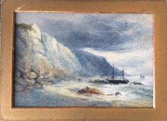 A small watercolour depicting a ship in rough seas