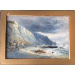 A small watercolour depicting a ship in rough seas