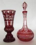 A ruby-glass overlay oviform decanter and teardrop