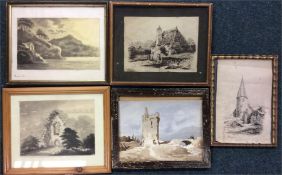 Five various framed pen and ink drawings. Est. £20