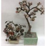Two Oriental hard stone Bonsai trees decorated wit