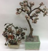 Two Oriental hard stone Bonsai trees decorated wit