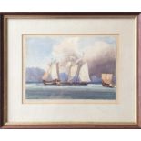 A framed and glazed watercolour of battleships in