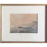 A framed and glazed watercolour of a steamer. Appa