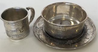 A Continental silver three piece christening set a