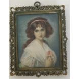 A rectangular miniature of a lady with wavy hair o