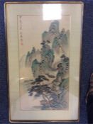 A framed and glazed Chinese picture of mountains a