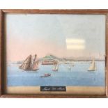 A small watercolour depicting boats on the water i