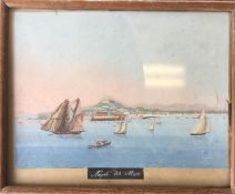 A small watercolour depicting boats on the water i