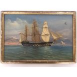 A gilt framed oil painting of a ship on coastal wa