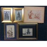 Five various framed pen and ink drawings. Est. £20