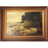 A large gilt framed oil on canvas of a river scene