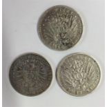 Three German silver Marks. Est. £25 - £35.