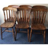 A set of six elm kitchen splat-back chairs. Est. £