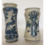 A Maiolica blue and white slender waisted drug jar