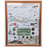 A framed and glazed coin set, old pound note, and