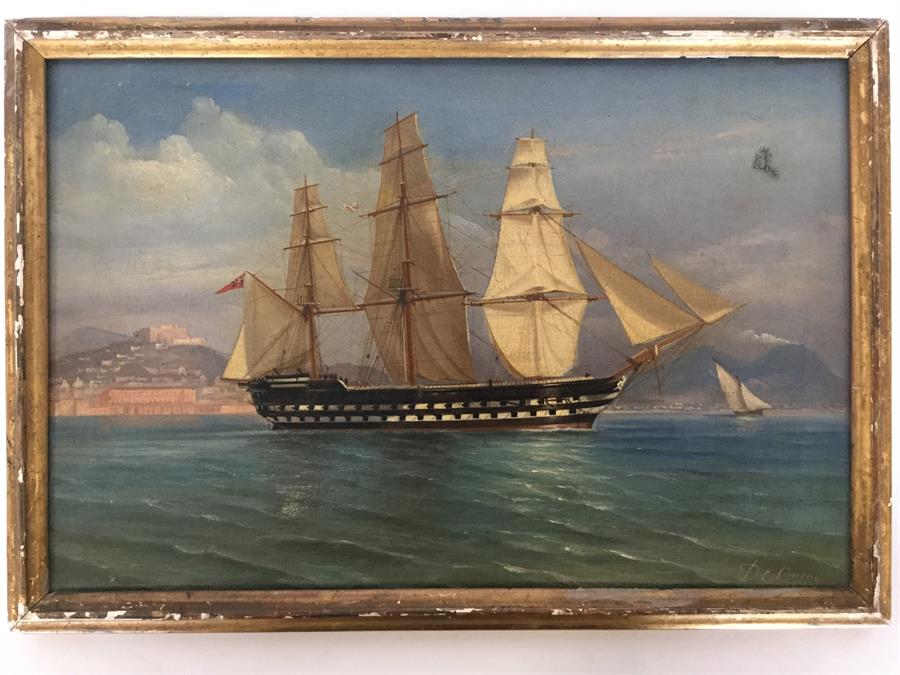 A gilt framed oil painting of a ship on coastal wa - Bild 2 aus 4