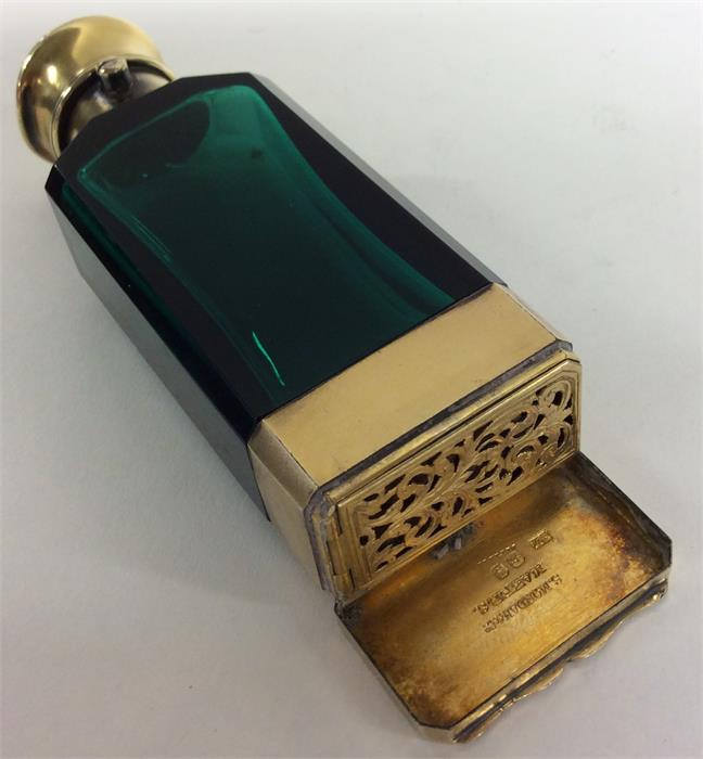 An unusual hinged top silver gilt green scent bott - Image 3 of 3