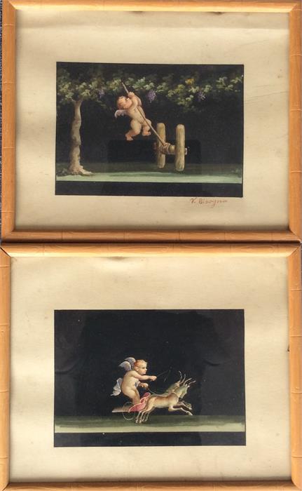 A pair of unusual paintings of winged infants. Sig