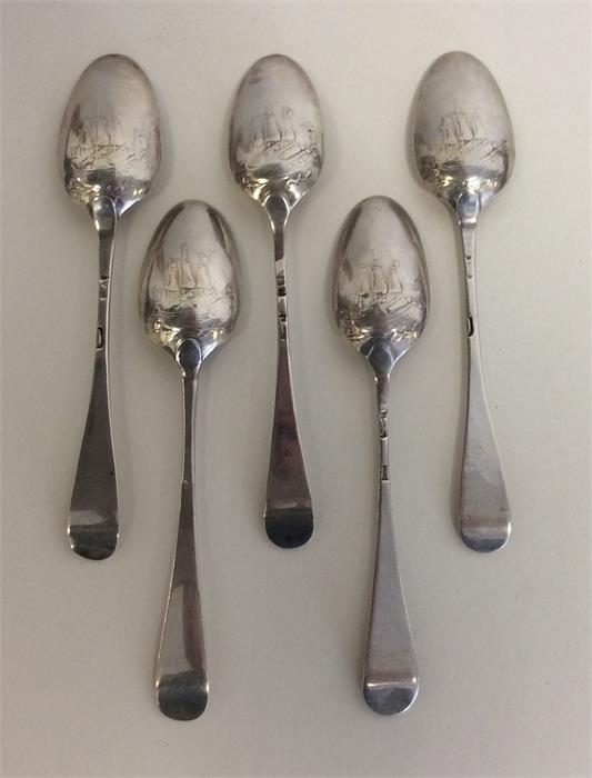 A rare set of five picture back teaspoons mounted - Image 2 of 3
