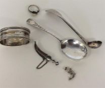 A silver preserve spoon, napkin ring, brooch etc.