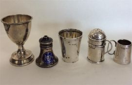 A silver muffiniere together with a spirit tot etc