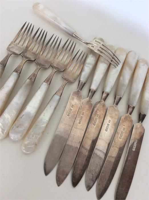 A set of 6 + 6 MOP dessert knives and forks with s - Image 2 of 2