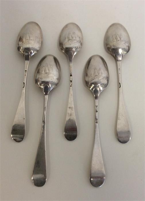 A rare set of five picture back teaspoons mounted