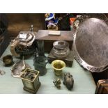 A silver plated tray, carriage clock etc.