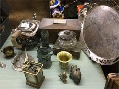 A silver plated tray, carriage clock etc.