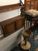 A small stool, inlaid planter, wall cupboard etc.