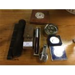 Silver mounted coins, a Parker pen etc.