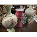 Decorative jardinieres, pink glass lustre etc.