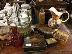 A brass lamp, trinket boxes etc.