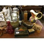 A brass lamp, trinket boxes etc.