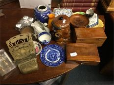 Mahogany caddies, decorative china etc.