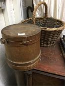 A wicker basket and contents together with a woode