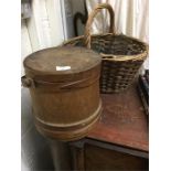 A wicker basket and contents together with a woode