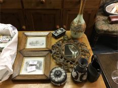A pair of maple framed prints, brass mirror, Jaspe