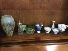 A lustre lampshade, sugar caster and other blue an