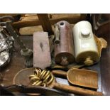 Old hot water bottles, door stop, scales etc.